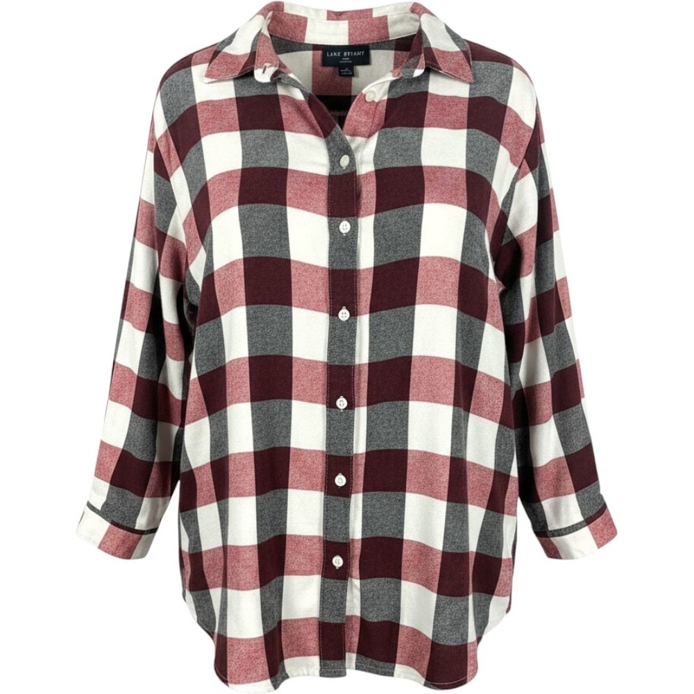 Lane Bryant Plaid Button Down Women 26/28 Red Black White Excellent Rayon Top